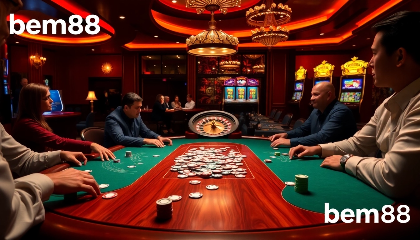 Experience the thrill of bem88 with an exciting casino scene featuring poker and slot machines.