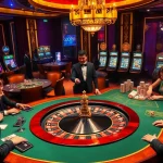 Players enjoying high-stakes poker at a luxurious GO99 casino, surrounded by slot machines and roulette wheel.
