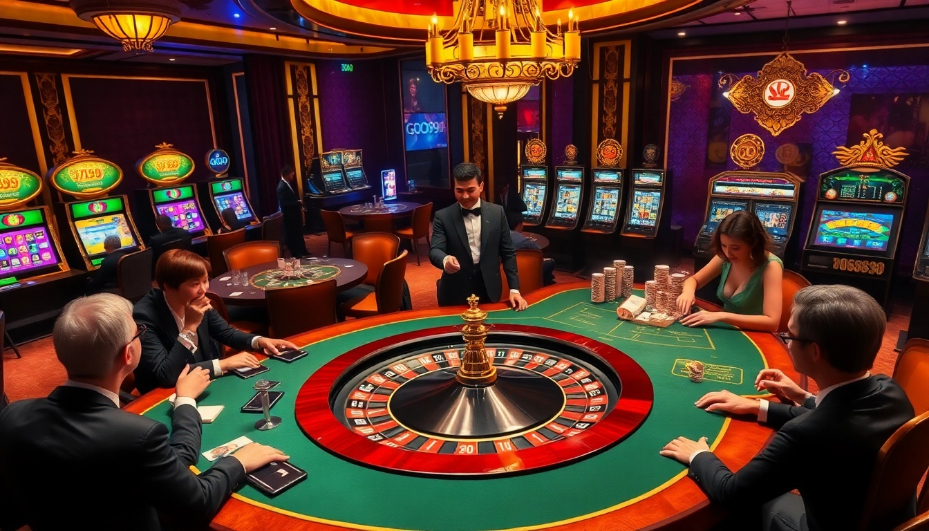Players enjoying high-stakes poker at a luxurious GO99 casino, surrounded by slot machines and roulette wheel.