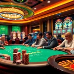 Rikvip gaming scene with poker tables, chips, and vibrant slot machines.