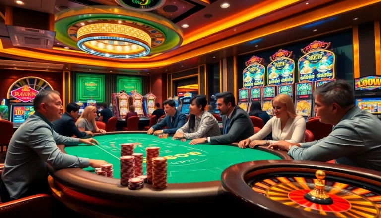 Rikvip gaming scene with poker tables, chips, and vibrant slot machines.