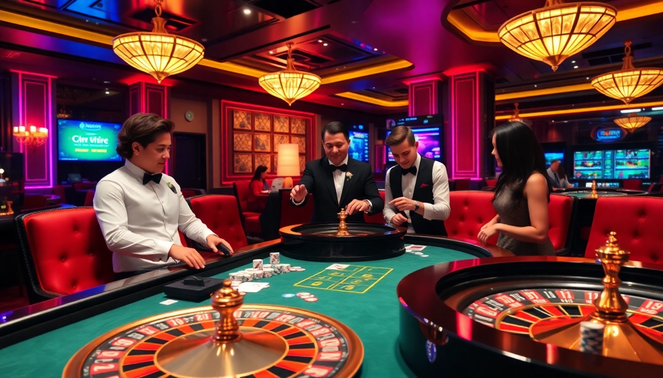 Players enjoying a luxurious casino experience at 98win with poker chips and cards.