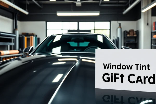 Present a window tint gift card creatively displayed in an automotive shop showcasing quality service.