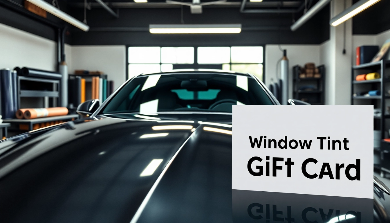Present a window tint gift card creatively displayed in an automotive shop showcasing quality service.