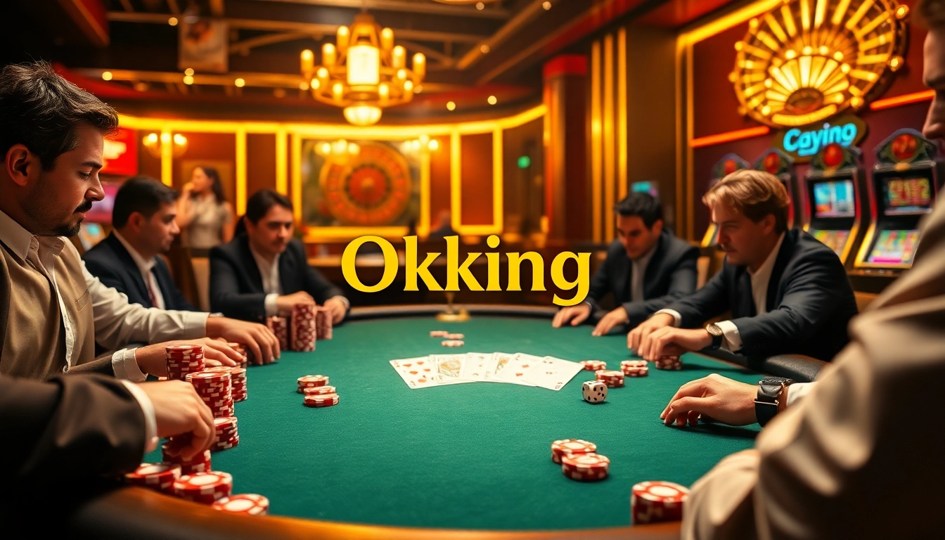 High-stakes poker game with Okking branding, poker chips, and cards in a luxurious casino setting.