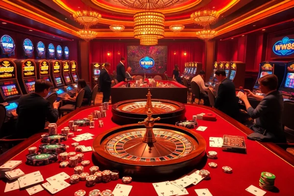 Exciting poker action at the ww88 casino with vibrant tables and colorful chips.