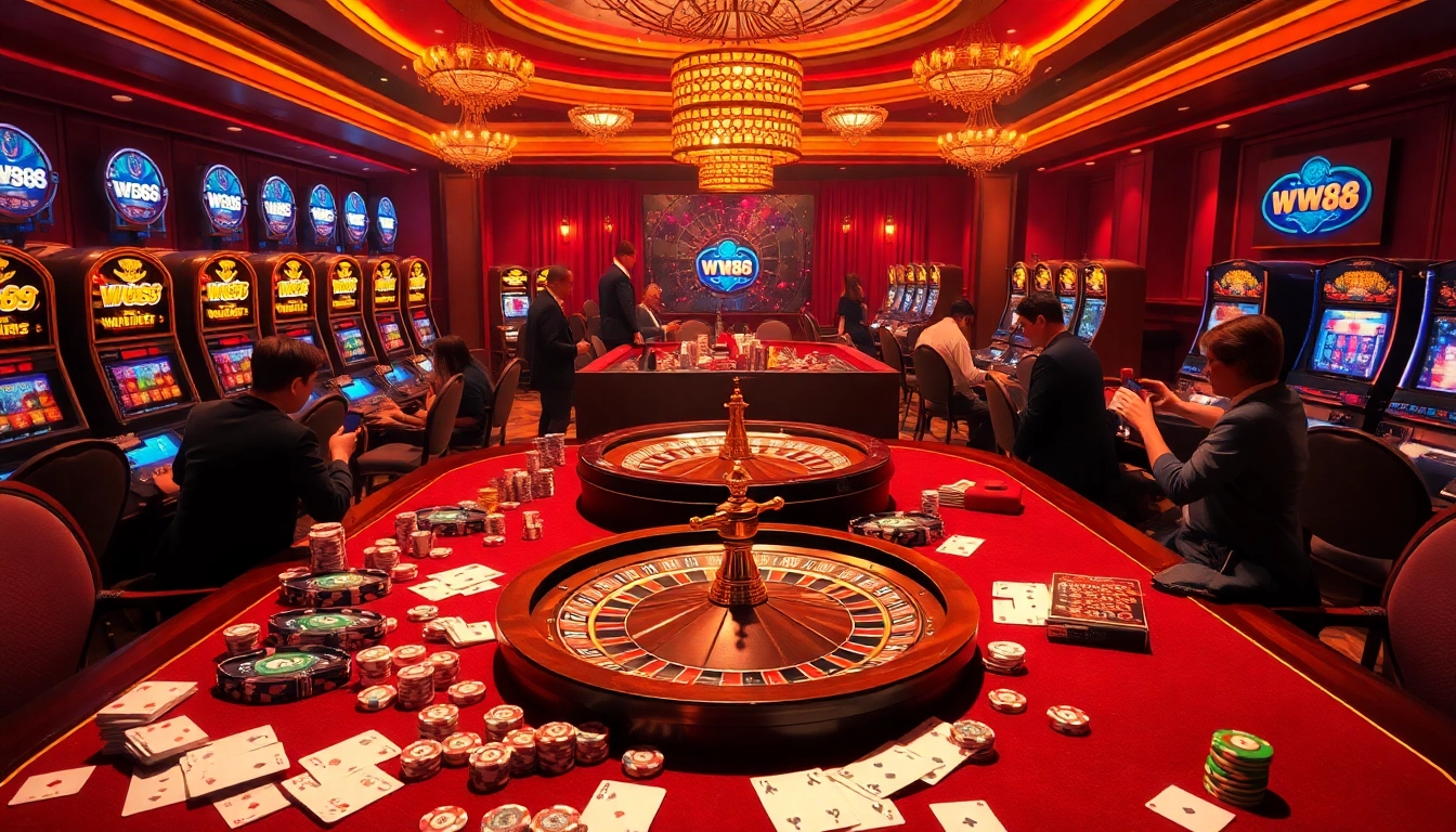 Exciting poker action at the ww88 casino with vibrant tables and colorful chips.