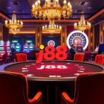 Engage in a thrilling poker game with j88 branding in a luxurious casino setting.