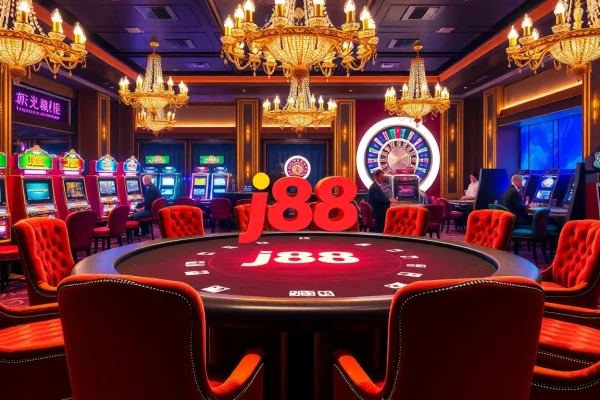 Engage in a thrilling poker game with j88 branding in a luxurious casino setting.