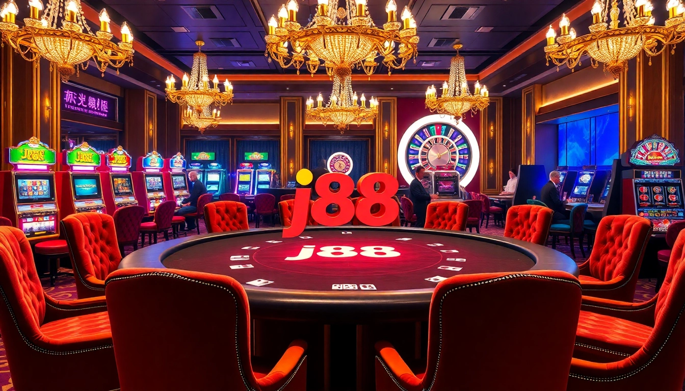 Engage in a thrilling poker game with j88 branding in a luxurious casino setting.
