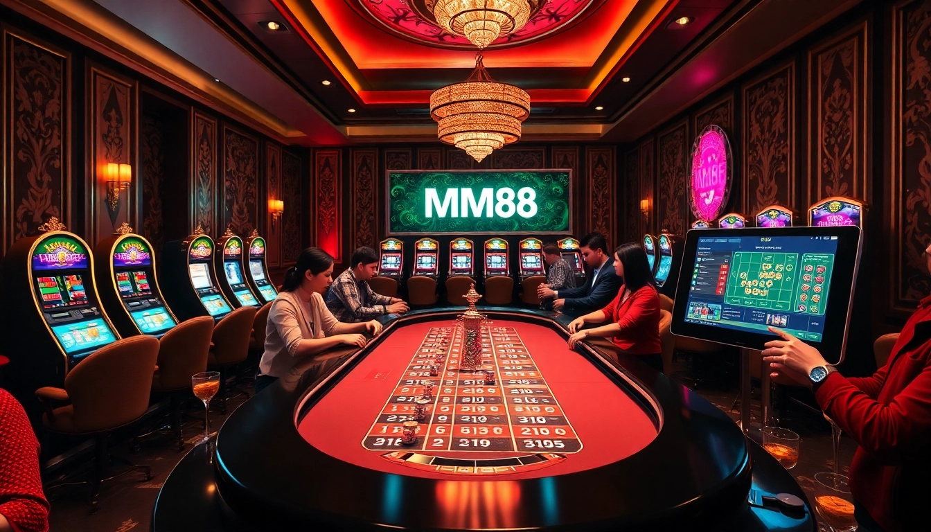 MM88 players placing bets at a roulette table in a luxurious casino setting.