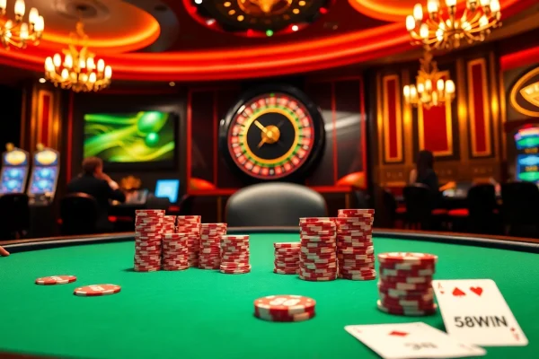 Players enjoying a dynamic poker game at a luxurious casino featuring 58WIN branding.