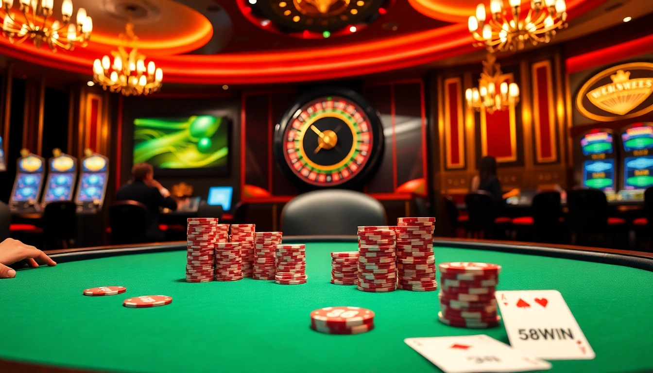 Players enjoying a dynamic poker game at a luxurious casino featuring 58WIN branding.