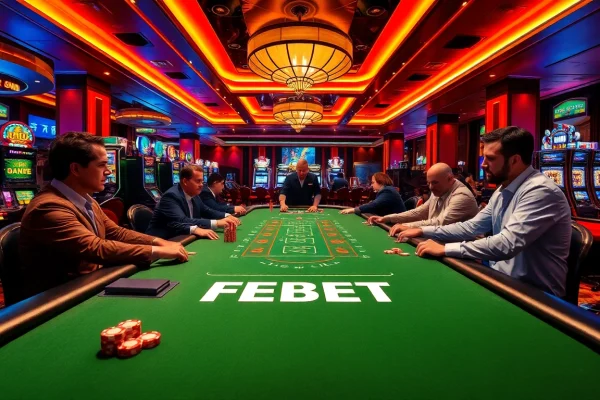 FEBET players enjoying action at a vibrant casino table filled with excitement and thrill.