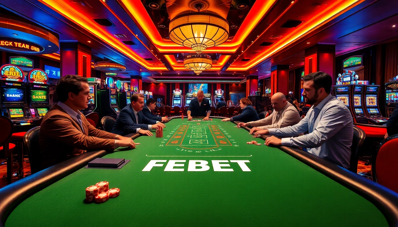 FEBET players enjoying action at a vibrant casino table filled with excitement and thrill.