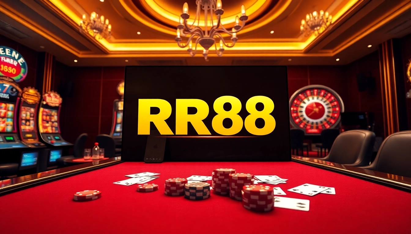 RR88 casino scene showcasing online gambling with poker tables, slot machines, and roulette wheel.