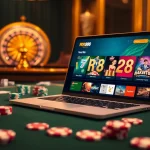 RR88 đăng nhập on a laptop in a luxurious casino setting with vibrant poker elements.