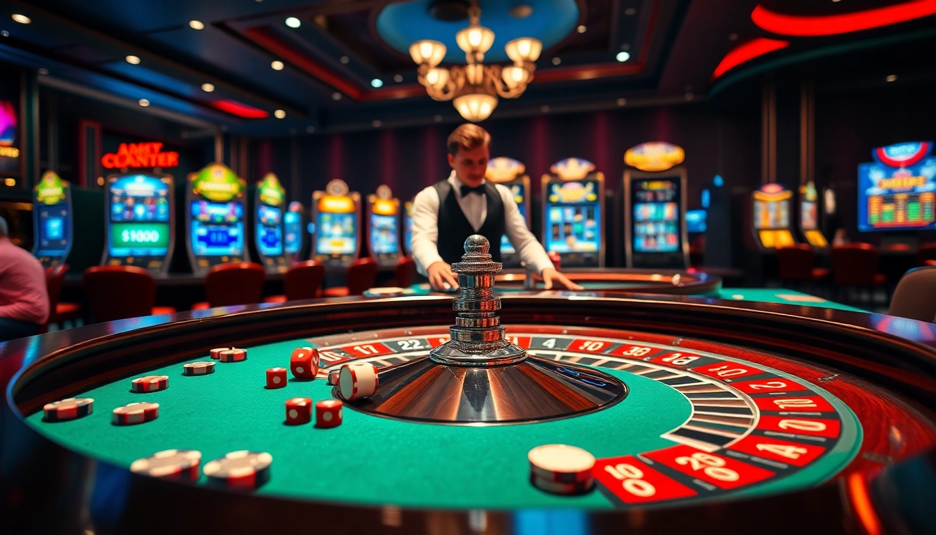 Engaging casino scene with ok365 com branding, featuring roulette, poker chips, and an elegant dealer.