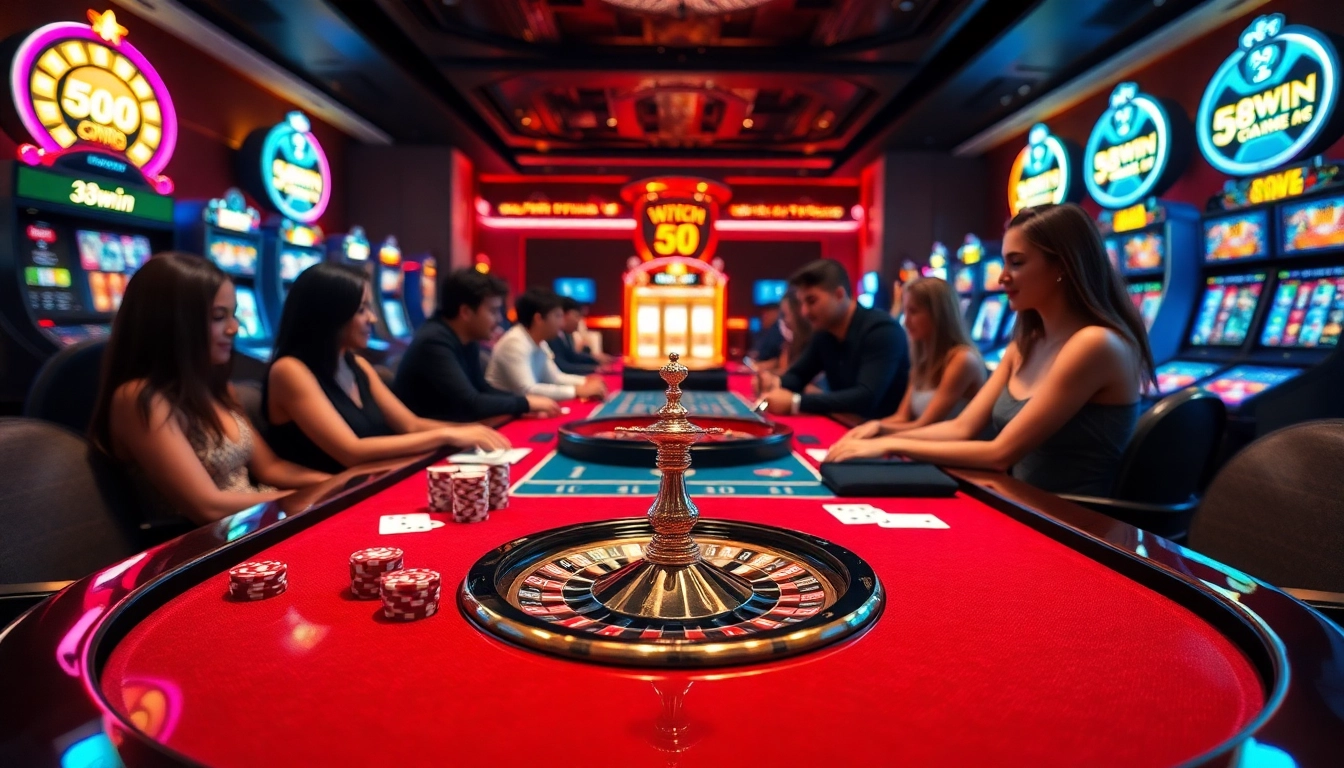 Gamblers enjoying a thrilling game at 58win's luxurious casino table with vibrant slot machines.