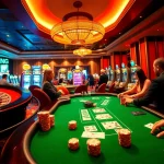 Players enjoying high-stakes poker games at BEM88 casino with vibrant slot machines.