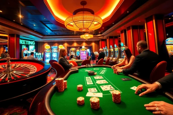 Players enjoying high-stakes poker games at BEM88 casino with vibrant slot machines.