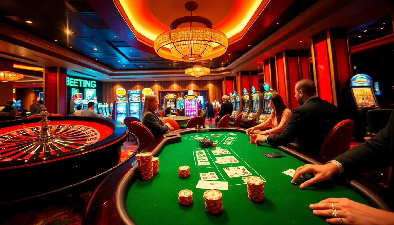 Players enjoying high-stakes poker games at BEM88 casino with vibrant slot machines.