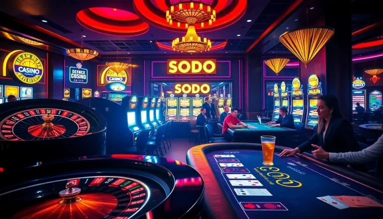 Experience the thrill of SODO Casino with vibrant gaming tables and slot machines in action.