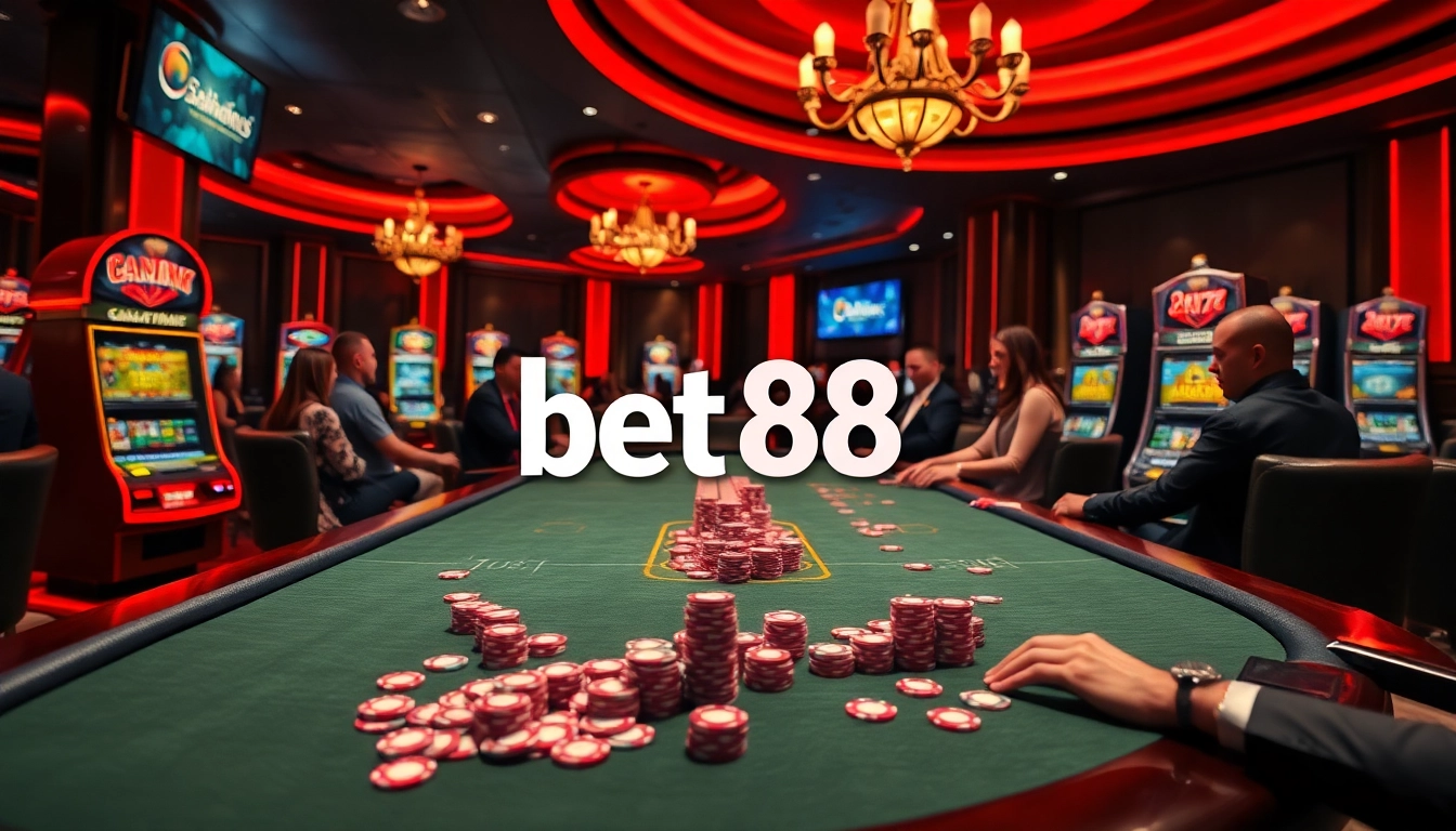 Engage with exciting gaming action at an upscale casino, highlighting link bet88 on vibrant digital screens.