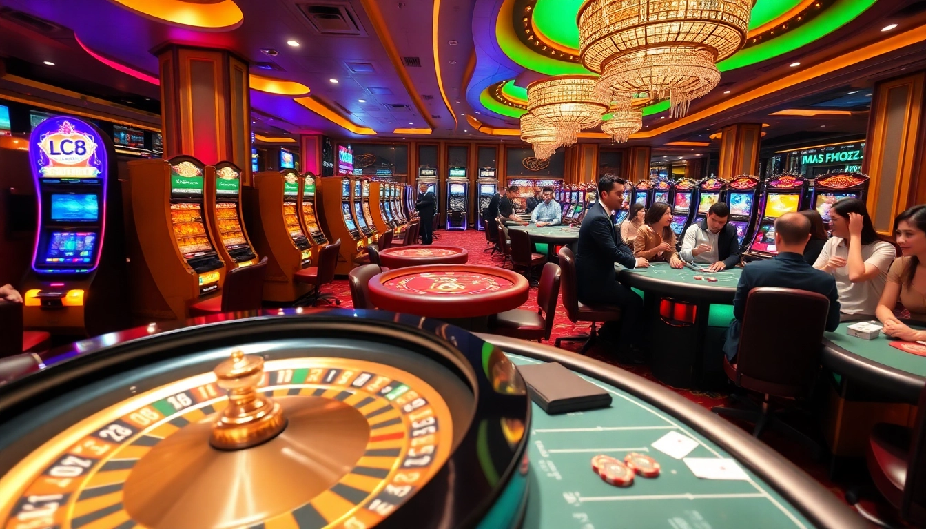 Exciting gaming action at trang chủ lc88, featuring slot machines and poker tables in a vibrant casino setting.