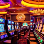 Play a thrilling slot demo at an upscale casino featuring vibrant machines and exciting gameplay.