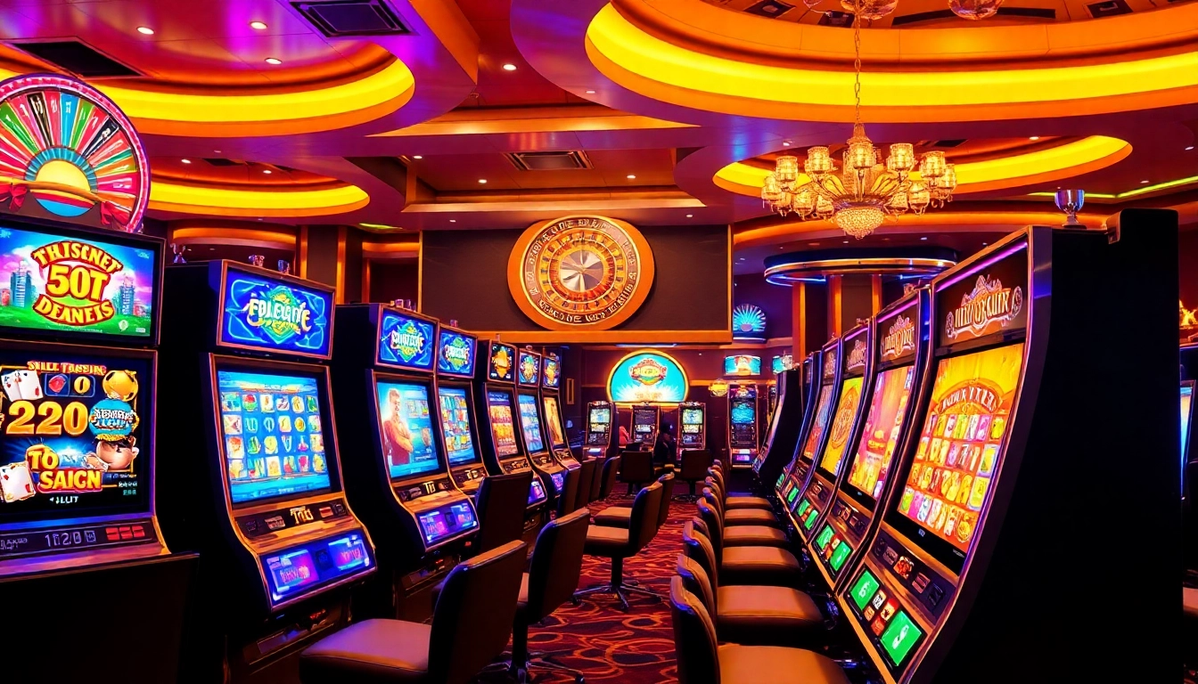 Play a thrilling slot demo at an upscale casino featuring vibrant machines and exciting gameplay.