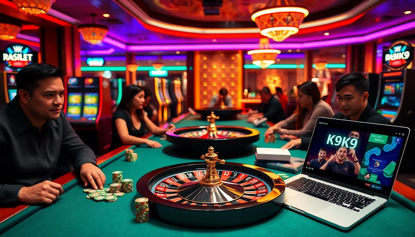 K9K9 players strategizing at a vibrant casino table with glowing slot machines and a roulette wheel.