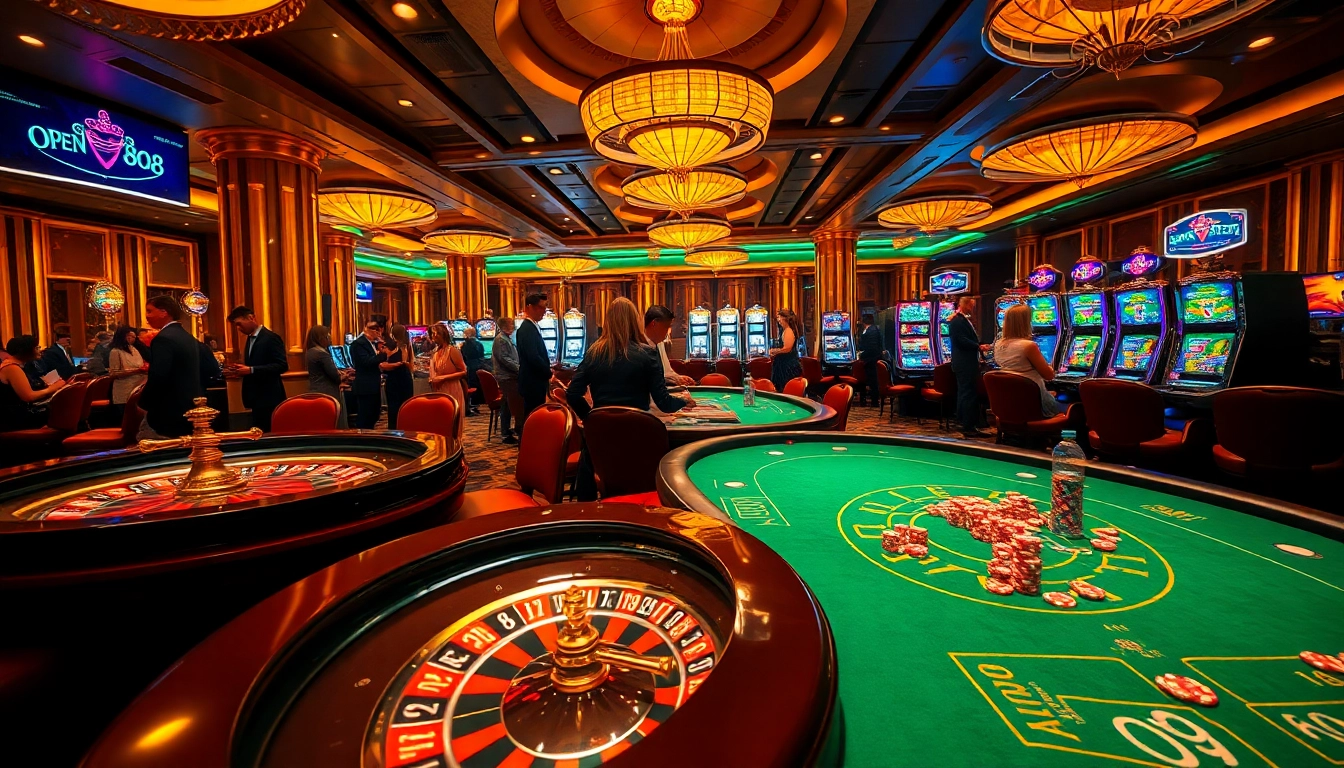 Experience the excitement of OPEN88 as players engage at a vibrant casino table amidst luxurious gaming elements.