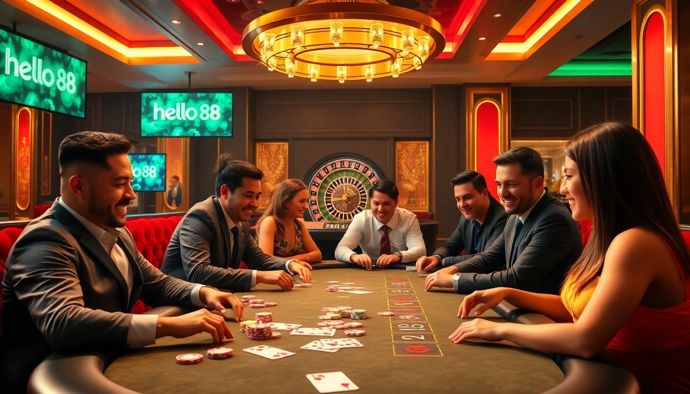 Players enjoying an intense poker game at a luxurious casino featuring hello88 branding.