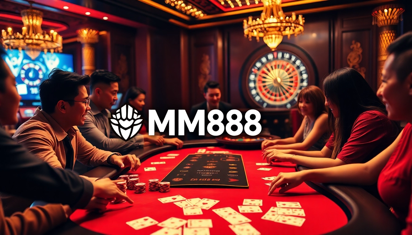 Exciting gaming at MM88's vibrant casino, showcasing poker chips and a roulette wheel.