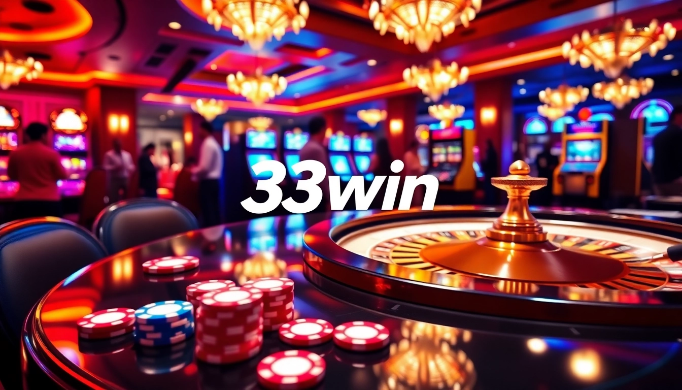 Experience thrilling gameplay at 33win's luxurious casino with vibrant poker chips and exciting games.