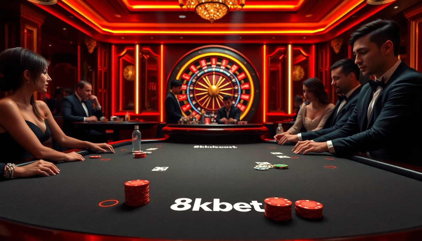 High-stakes poker game at 8kbet casino table with elegant gamblers and vibrant roulette wheel.