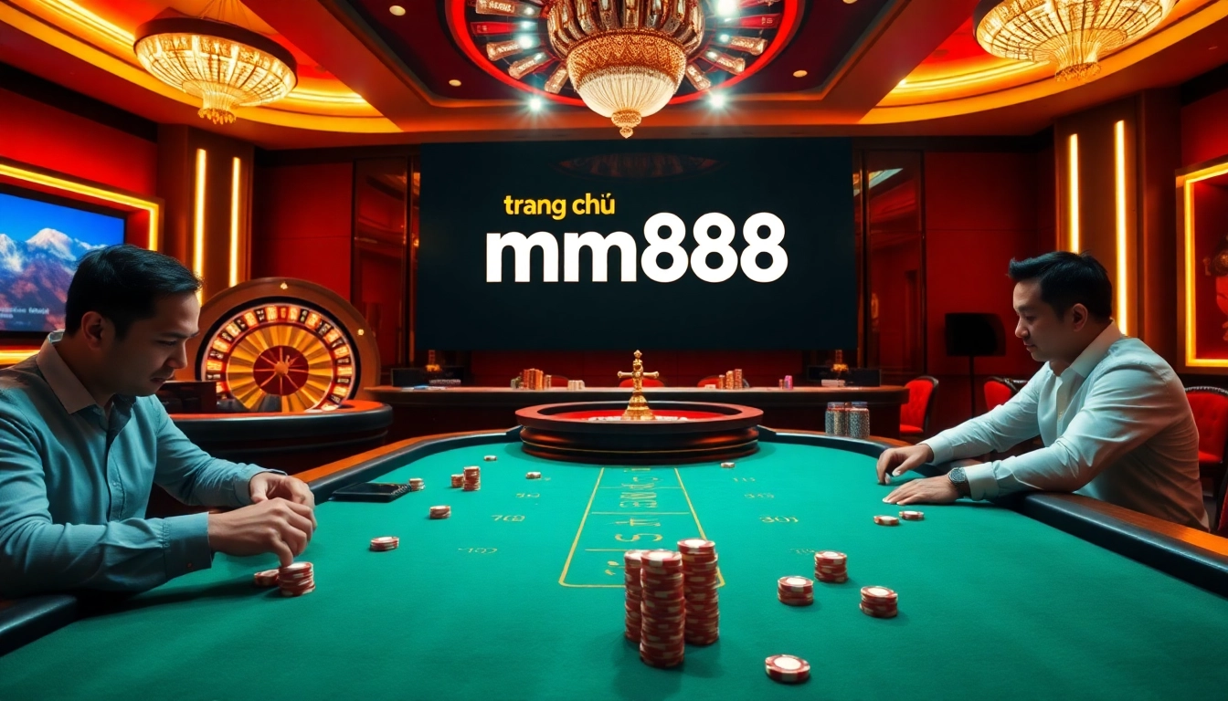 Exciting gameplay at trang chủ mm88 showcasing poker chips and a roulette wheel in a luxurious casino setting.