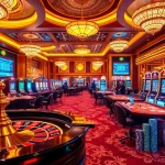Visualize the excitement of gambling with Tool xổ số siêu tốc at an upscale casino featuring glowing slot machines and poker tables.