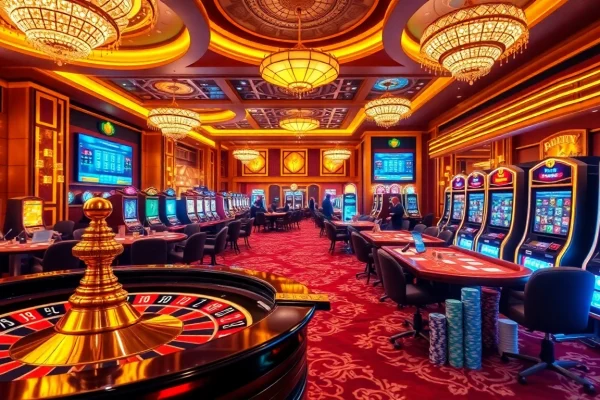 Visualize the excitement of gambling with Tool xổ số siêu tốc at an upscale casino featuring glowing slot machines and poker tables.