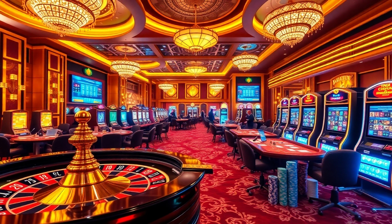 Visualize the excitement of gambling with Tool xổ số siêu tốc at an upscale casino featuring glowing slot machines and poker tables.