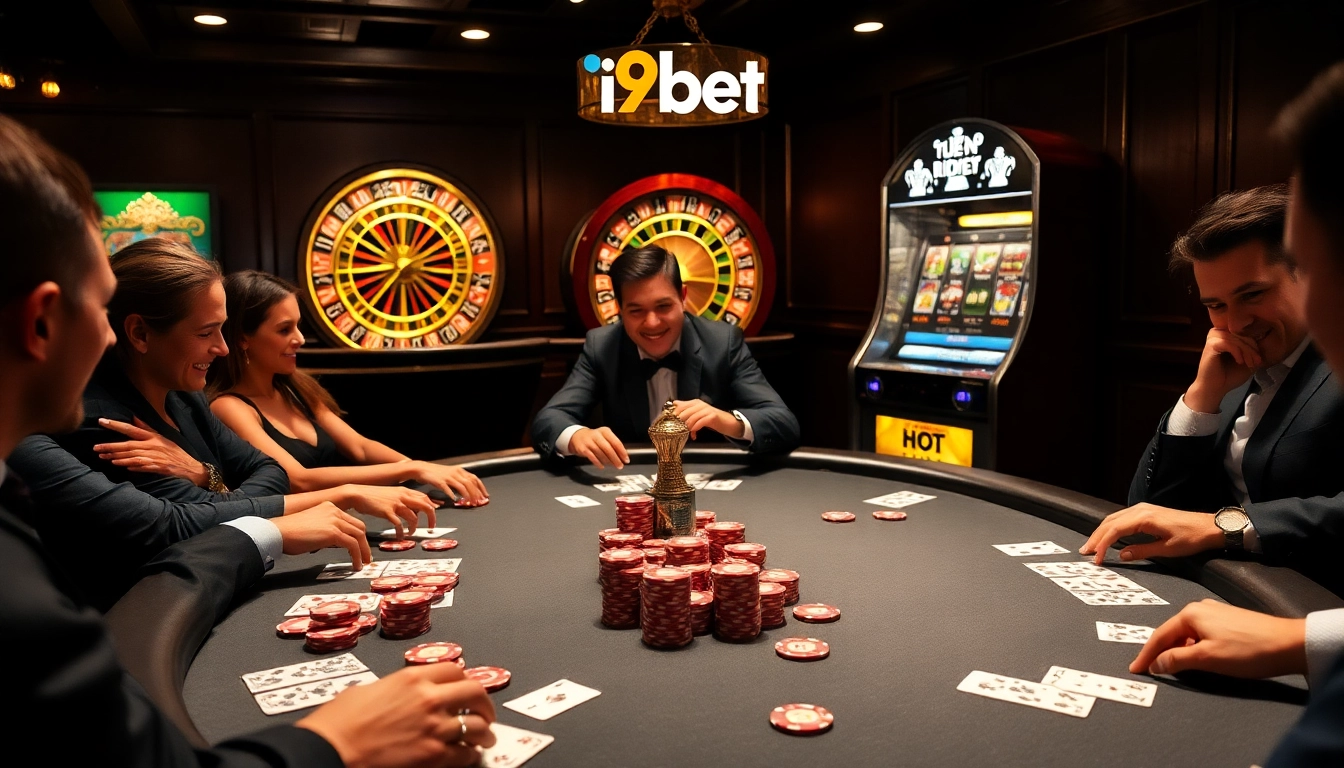 Players enjoying a thrilling poker game at i9bet's luxurious casino table.