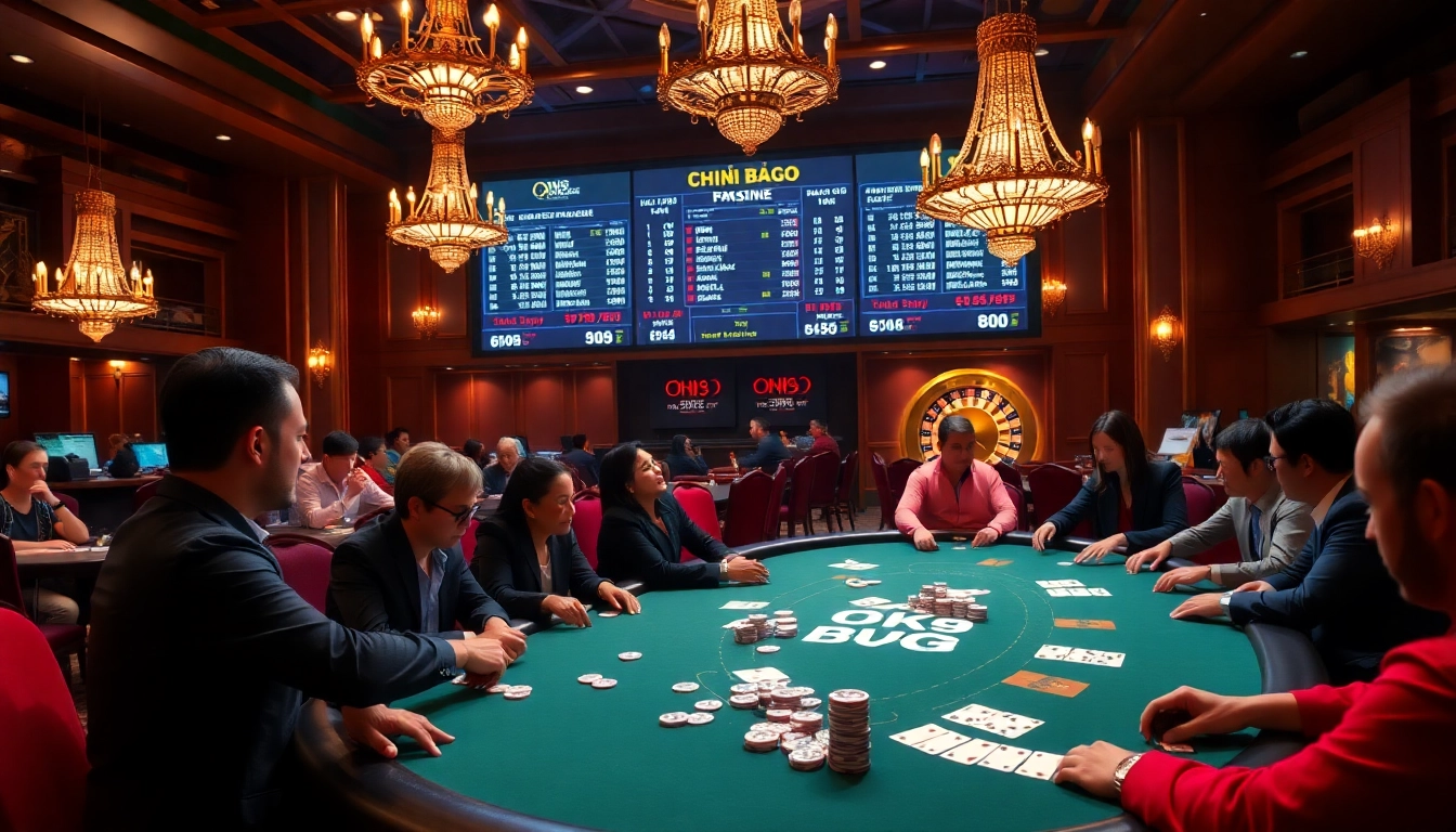 Experience the excitement of betting at OK9 THỂ THAO with engaging players strategizing at a poker table, surrounded by vibrant casino elements.