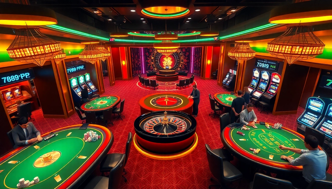 Gamble at 789P's vibrant casino with colorful tables, slot machines, and players enjoying a luxurious experience.