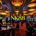 NK88 players engaging in thrilling casino games, showcasing vibrant roulette and slot machines.