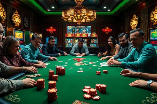 Excited players engaging around a poker table reflecting hidden wiki themes, luxury, and high stakes.