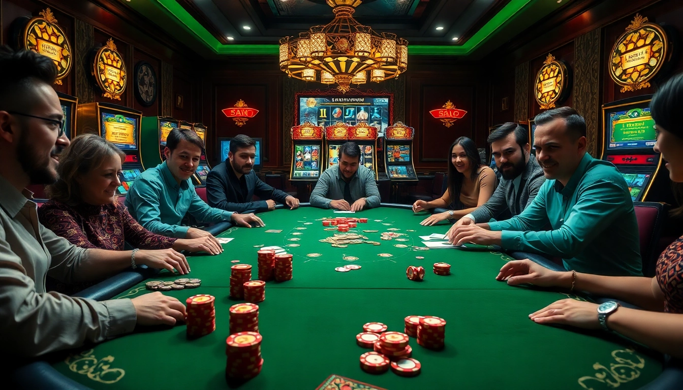 Excited players engaging around a poker table reflecting hidden wiki themes, luxury, and high stakes.