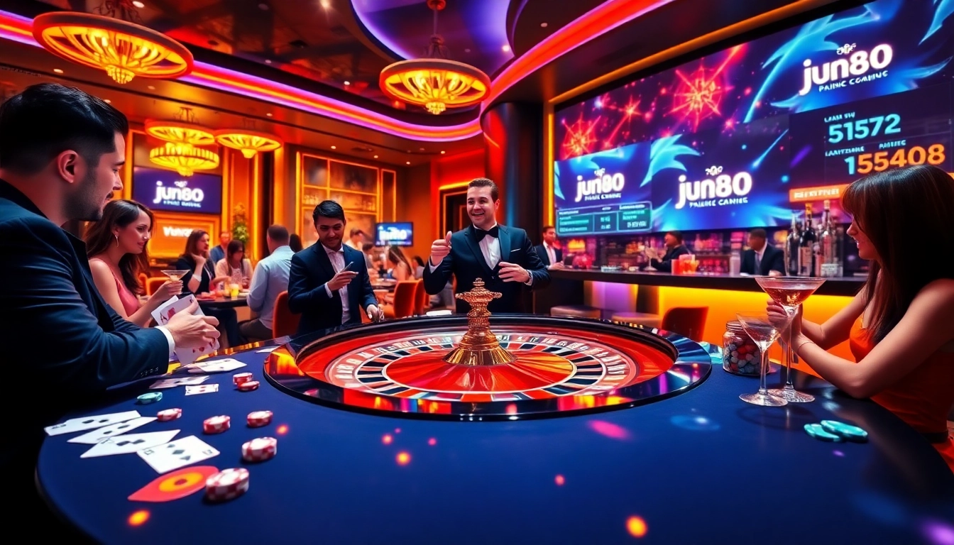 Players enjoying a thrilling game at a jun88 casino table, showcasing vibrant chips and cards.