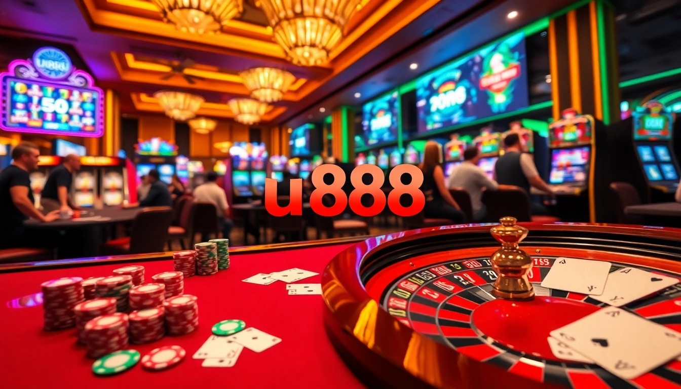 Experience the thrill of u888 online gambling in a luxurious casino setting with poker chips and roulette.