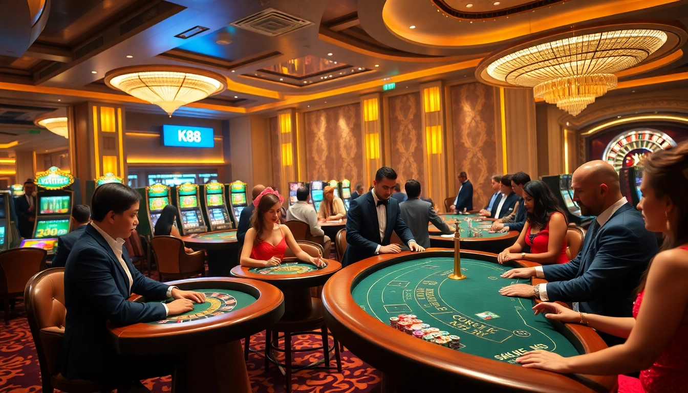 K88 gaming experience with vibrant casino tables and energetic players enjoying their games.